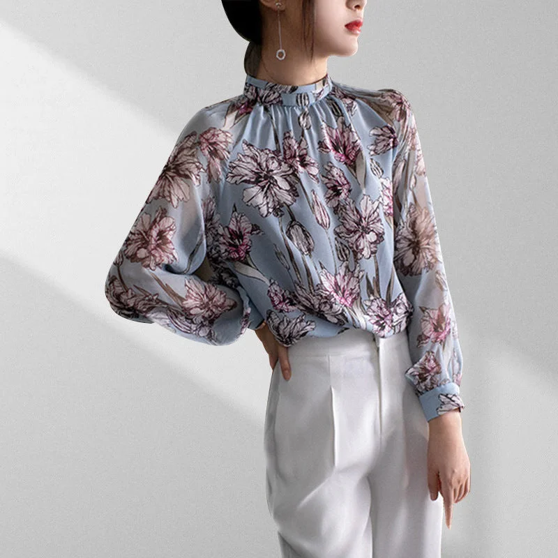 2019 fall women's luxury long sleeve 100% real silk printed shirt and blouses for female Bell Sleeve Blouse