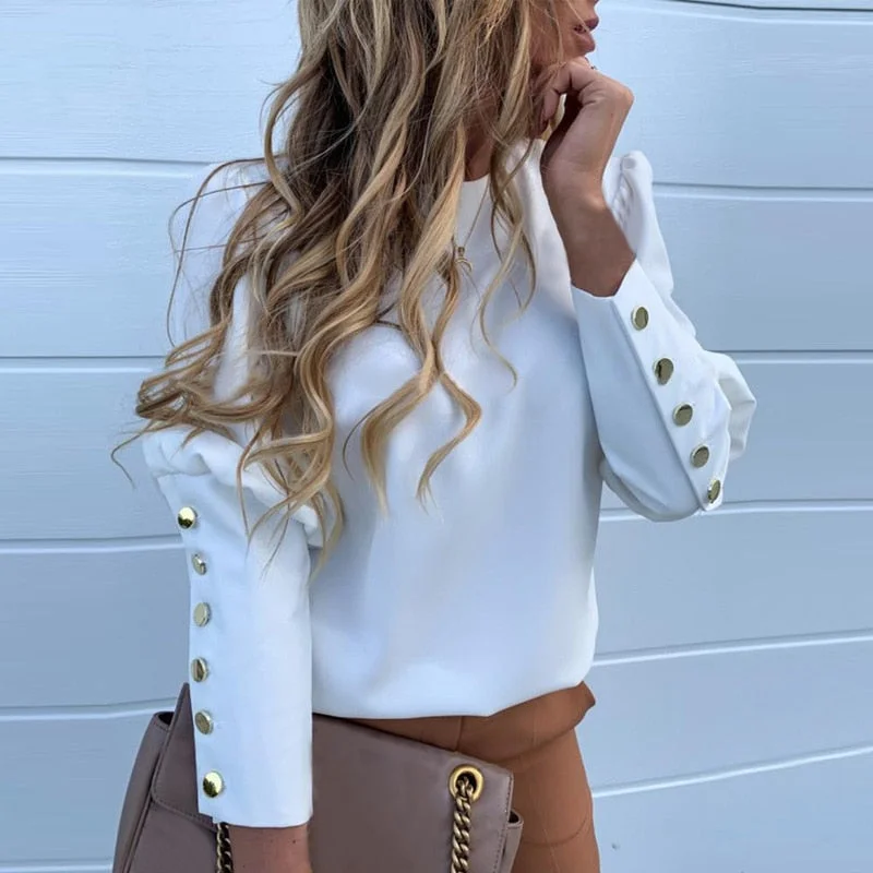 2019 new Solid Metal Buttoned Detail Blouses White Long Puff Sleeve Blouses women Pineapple print long sleeve Shirt tops High Neck Blouse