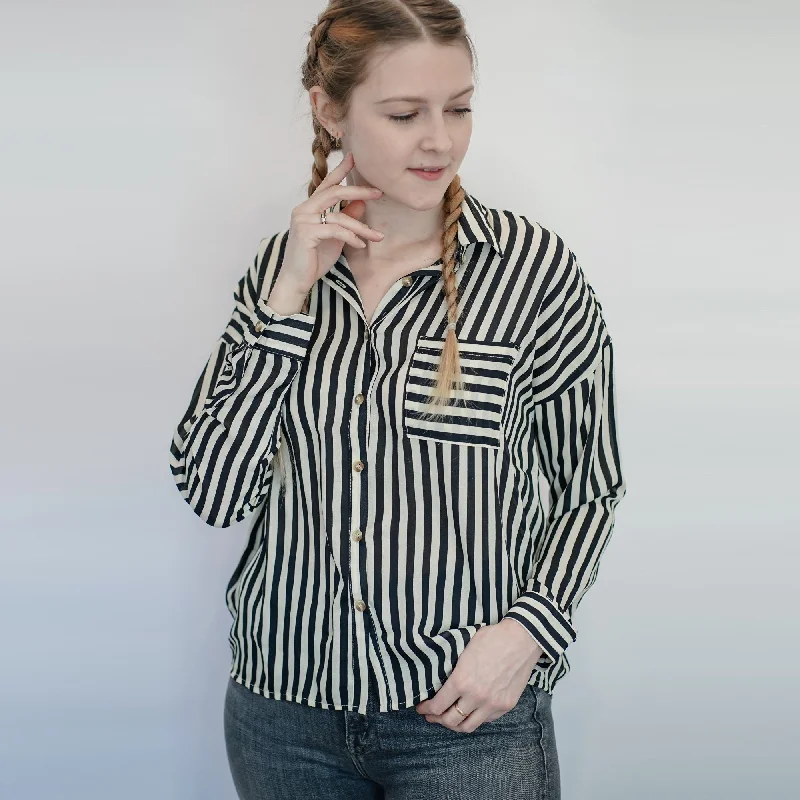 Striped Blouse (Taupe + Black) High Neck Blouse