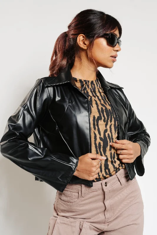 Black Seam Leather Shacket Ruffled Neck Blouse