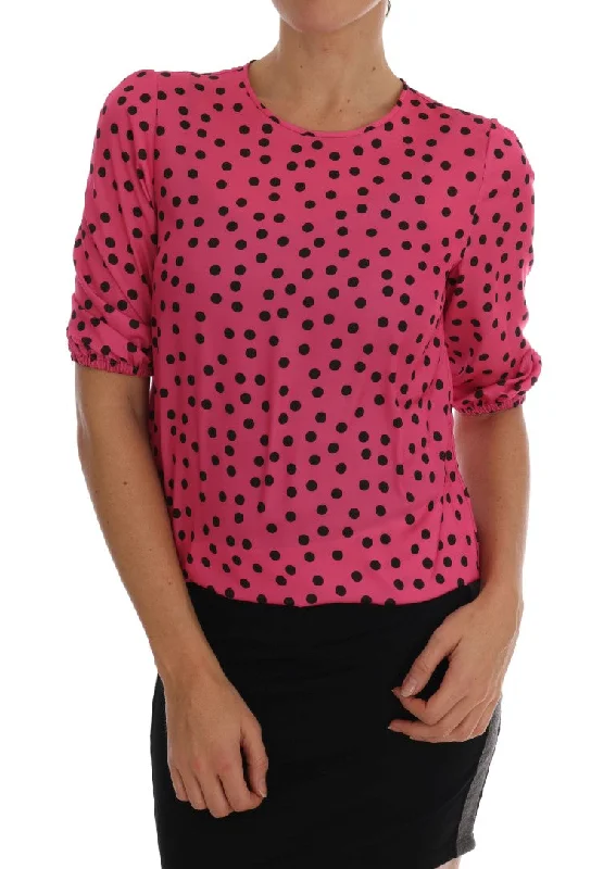 Chic Pink Polka Dotted Silk Blouse Embellished Collar Blouse