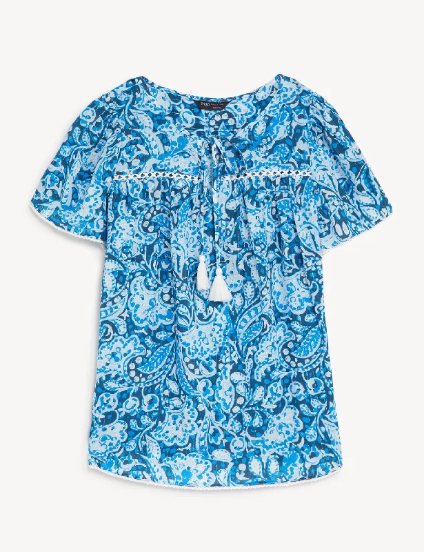 Cotton Blend Printed Tie Neck Blouse Chic Off-Shoulder Blouse