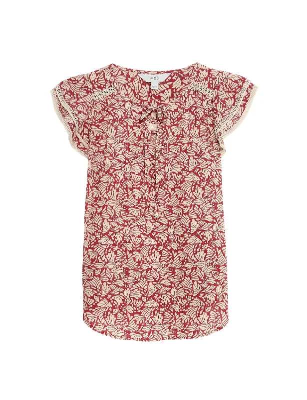 Cotton Blend Printed Tie Neck Blouse Floral Print Blouse