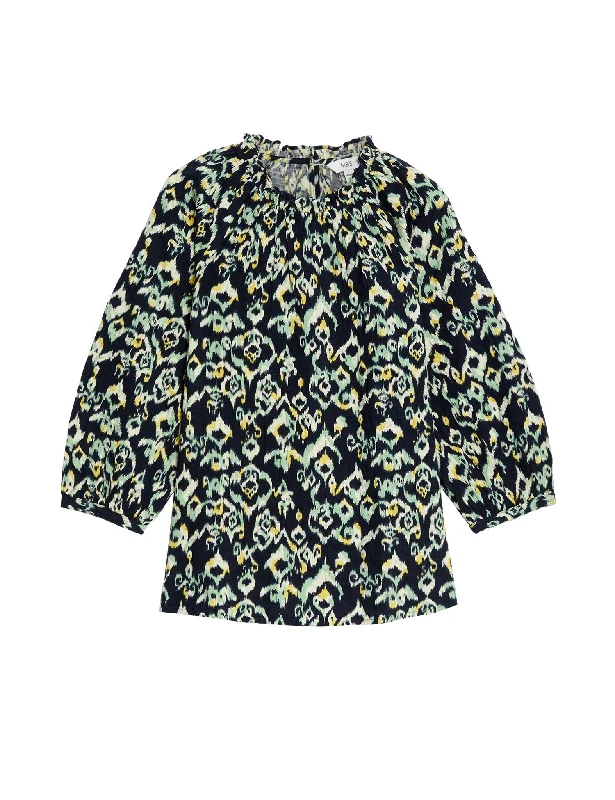 Cotton Rich Printed Blouson Sleeve Blouse Double Button Blouse