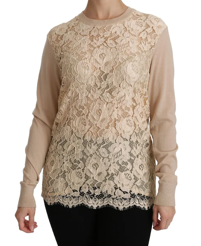 Elegant Beige Lace Crew Neck Cashmere Blouse Soft Modal Blouse