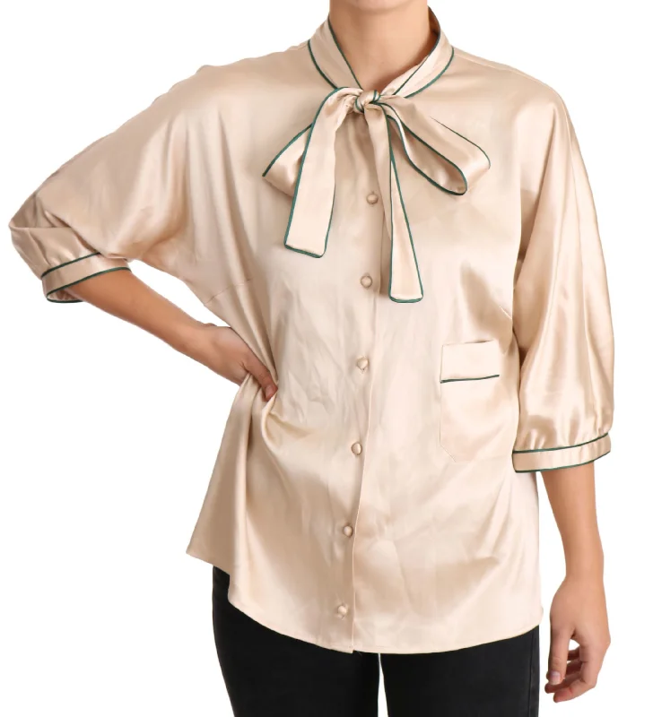 Elegant Beige Silk Blend Blouse Top High Neck Blouse