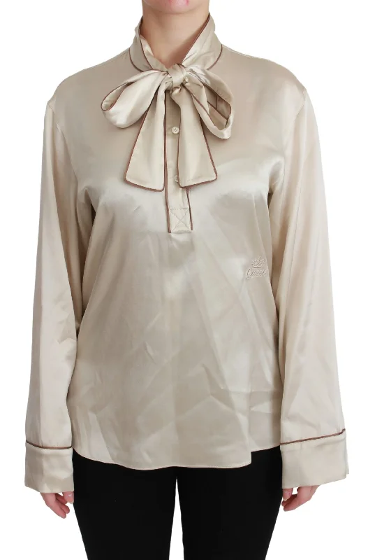 Elegant Beige Silk Satin Blouse with QUEEN Embroidery Smart Business Blouse