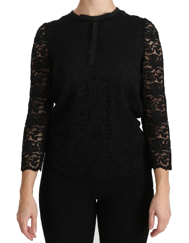 Elegant Black Lace Crew Neck Blouse Backless Summer Blouse