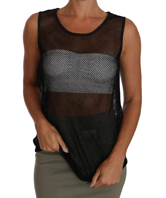 Elegant Black Mesh Sleeveless Blouse Top Feminine Tie Blouse