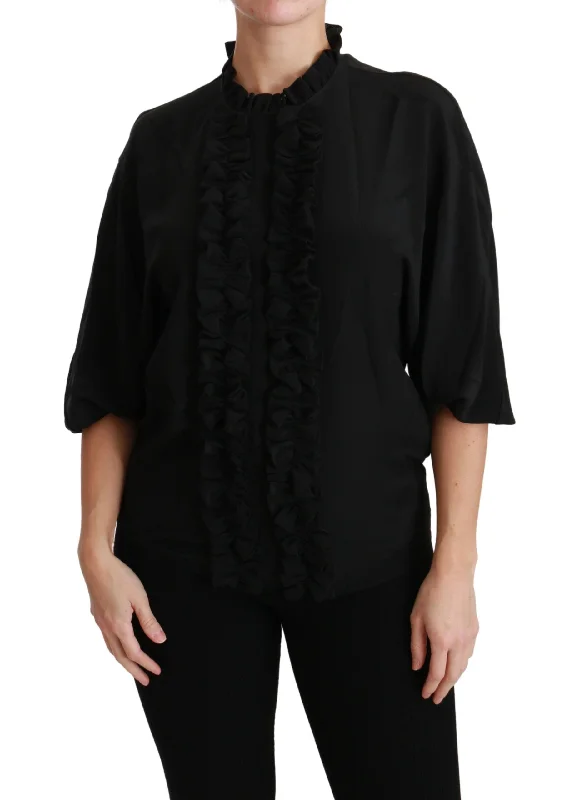 Elegant Black Silk Short Sleeve Blouse Chic Ruffle Blouse