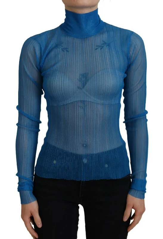 Elegant Blue Mesh Blouse Top Oversized Silk Blouse