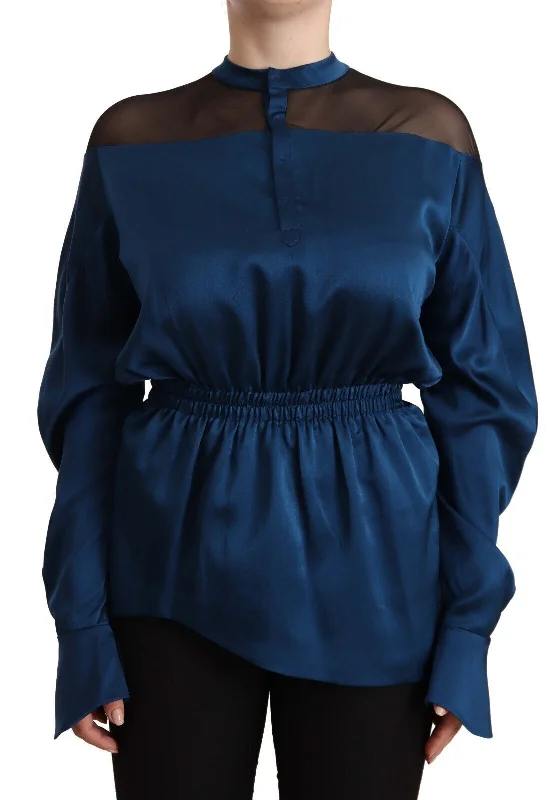 Elegant Crew Neck Silk Blouse in Blue Wrap Front Blouse