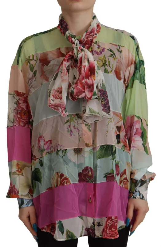 Elegant Floral Patchwork Silk Blouse Embellished Collar Blouse