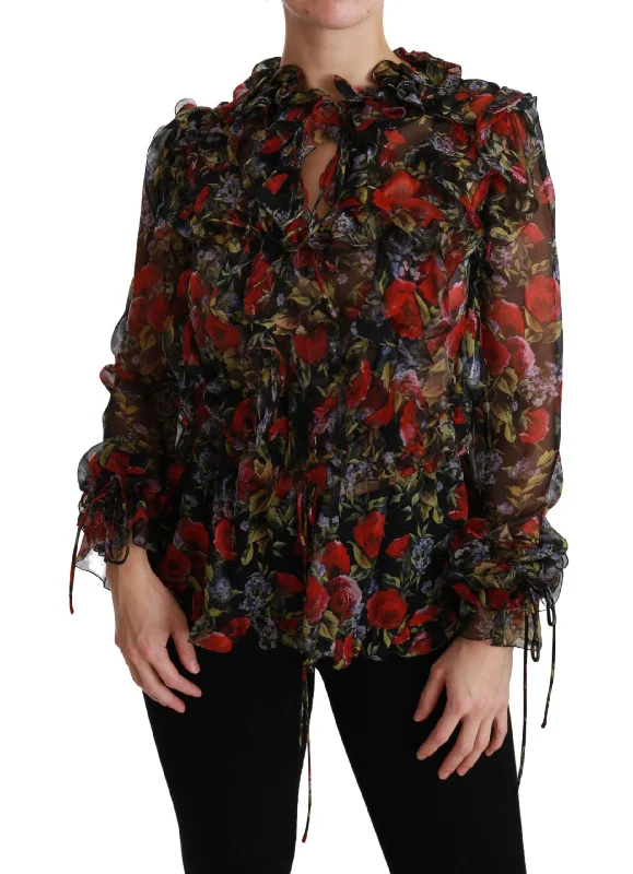 Elegant Floral Silk Long Sleeve Blouse Elegant Semi-Sheer Blouse