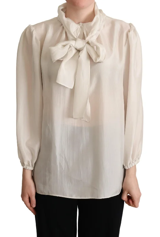 Elegant Light Gray Silk Ascot Blouse Playful Puff Blouse