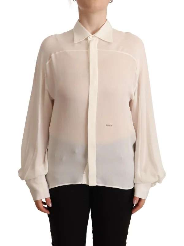 Elegant Off White Silk Long Sleeve Blouse Slim Fit Blouse