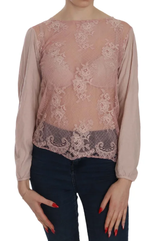 Elegant Pink Lace Boat Neck Blouse Ruffled Neck Blouse