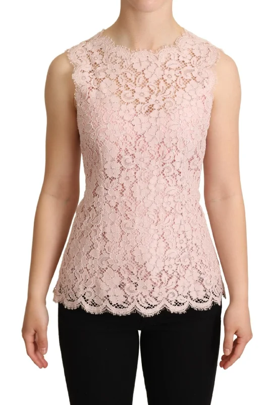 Elegant Pink Lace Sleeveless Blouse Casual Relaxed Fit Blouse