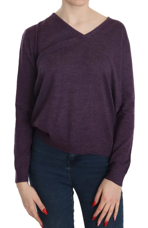 Elegant Purple V-Neck Wool Blouse Pastel Color Blouse