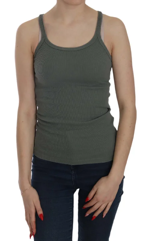 Elegant Round Neck Sleeveless Green Cotton Blouse Feminine Ruffle Blouse