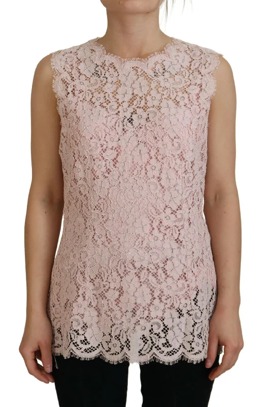 Elegant Sheer Lace Sleeveless Blouse in Pink Textured Cotton Blouse