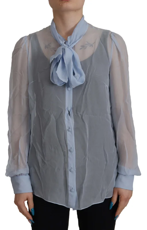 Elegant Silk Ascot Collar Blouse in Light Blue Flowy Bohemian Blouse