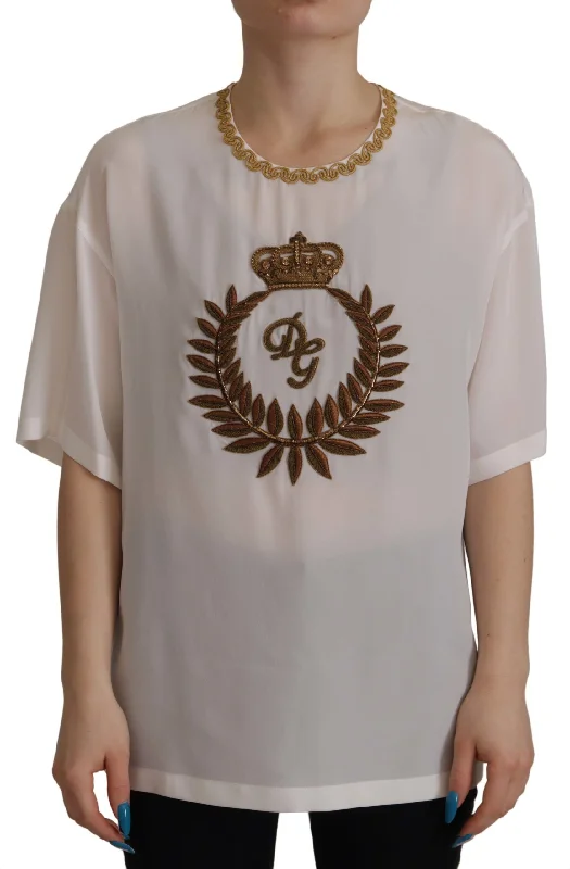 Elegant Silk Blouse with Gold Crown Embroidery Floral Chiffon Blouse