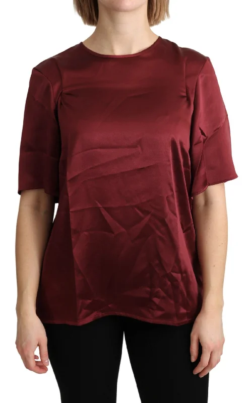 Elegant Silk Bordeaux Blouse High Neck Blouse