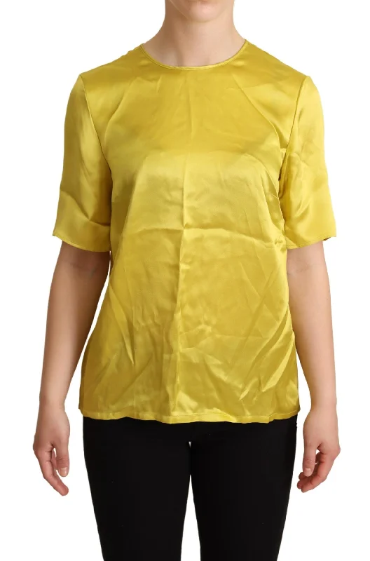 Elegant Silk Short Sleeve Blouse Top - Yellow Elegant Semi-Sheer Blouse