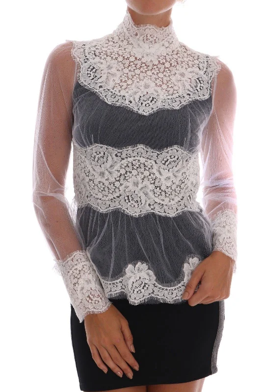 Elegant White Floral Lace Blouse Top Elegant Peplum Blouse