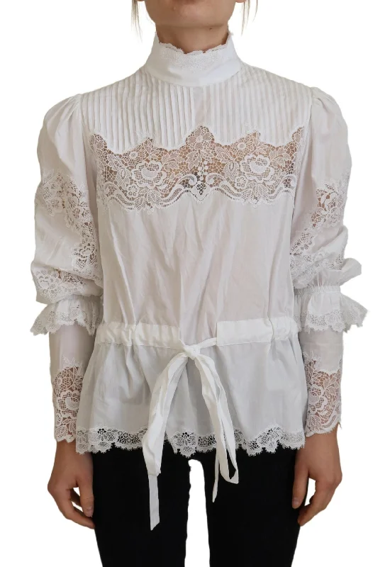 Elegant White Lace Trim Cotton Blouse Office Formal Blouse