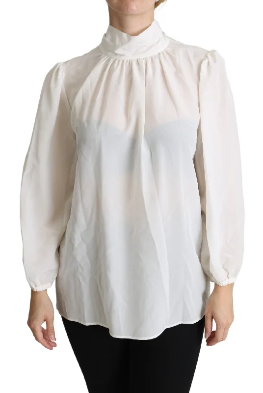 Elegant White Silk Pussy Bow Blouse Wrap Front Blouse