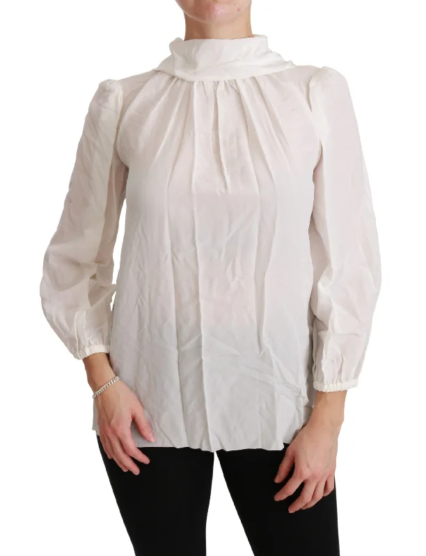 Elegant White Silk Turtle Neck Blouse Loose Fit Blouse