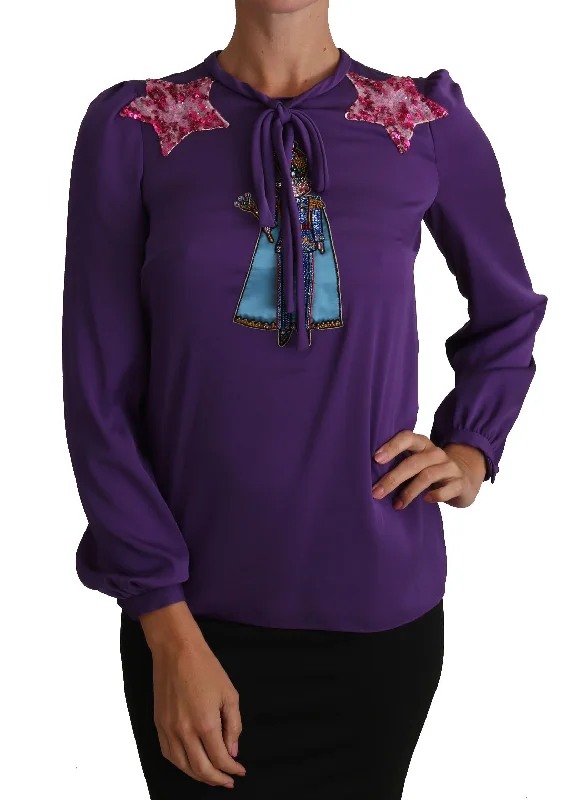 Enchanted Purple Silk Crystal Blouse Floral Print Blouse