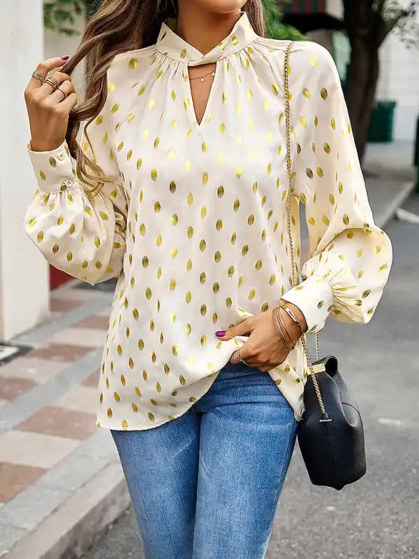 Gold Dot Print Temperament commuting polka dot blouse Sheer Mesh Blouse