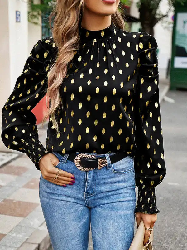 Gold Dot Print Temperament commuting round neck long-sleeved blouse Wrap Front Blouse