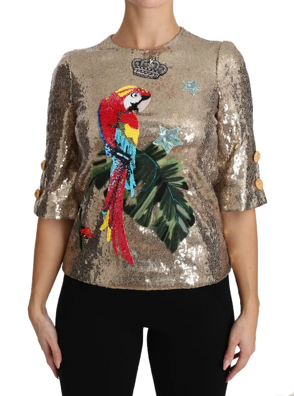 Gold Parrot Motif Crewneck Blouse with Crystals Romantic Lace Blouse