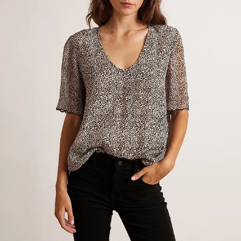 Olivia Printed Viscose Crepe Scoop Neck Blouse Side Tie Blouse