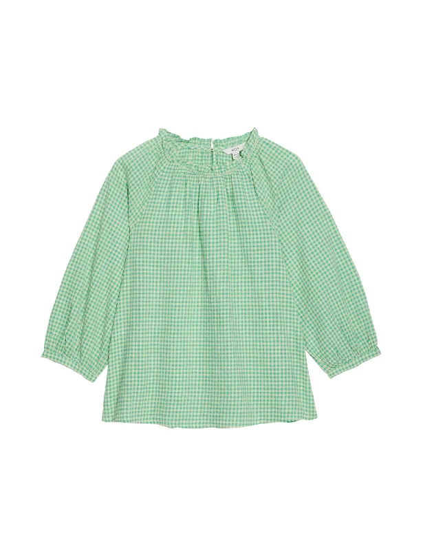 Pure Cotton Gingham Ruffle Blouse Office-Ready Blouse