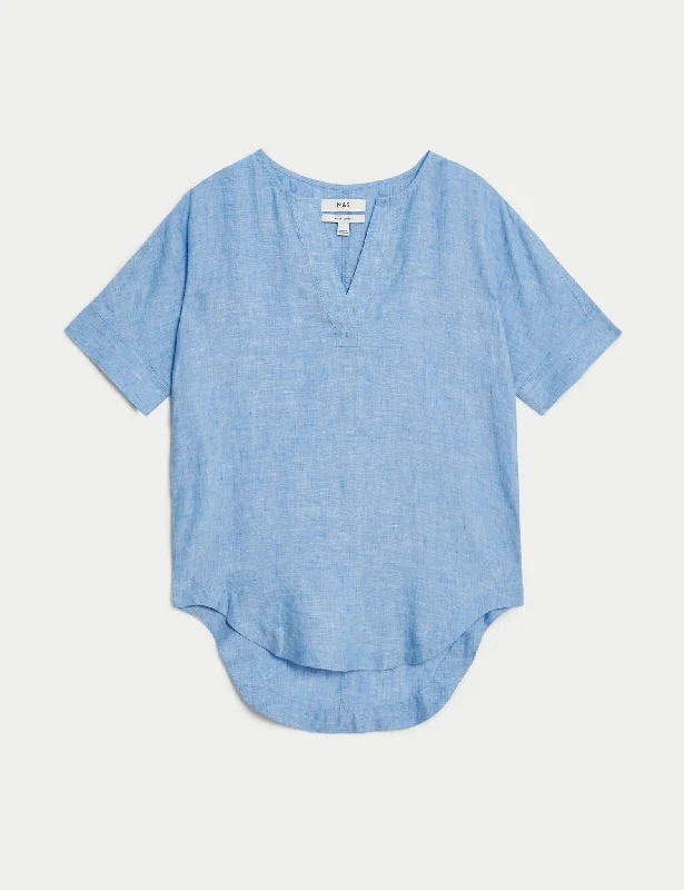 Pure Linen V-Neck Popover Blouse Playful Puff Blouse