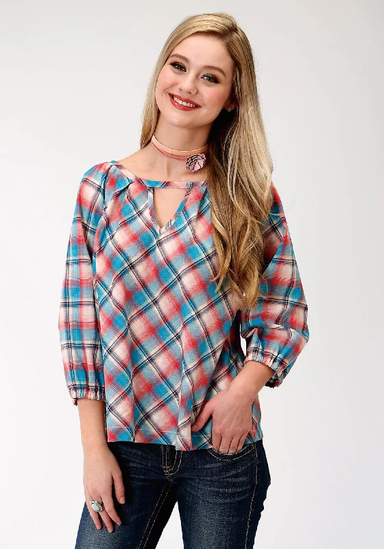 Roper Plaid Womens Red 100% Cotton Desert Sunrise S/S Blouse Elegant Embroidery Blouse