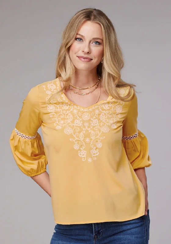 Roper Womens Bishop Sleeve Crepe Yellow 100% Polyester S/S Blouse Feminine Ruffle Blouse