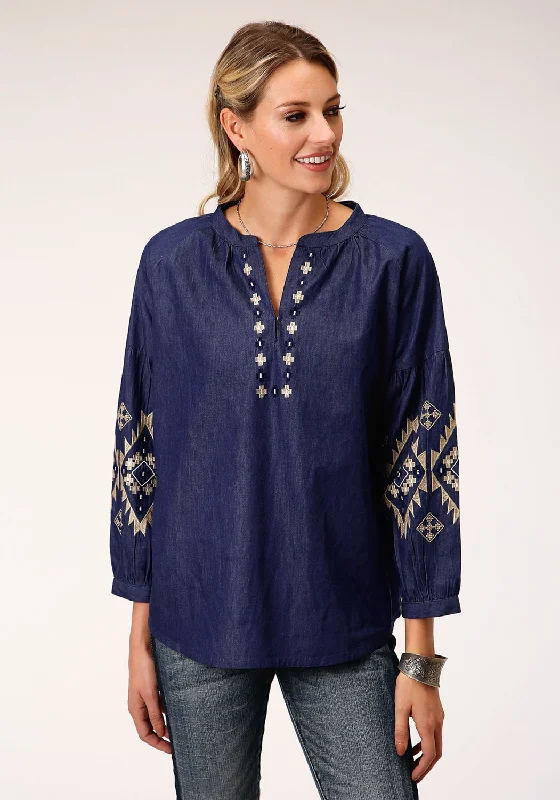 Roper Womens Indigo Denim 100% Cotton Bishop Sleeves S/S Blouse Silky Tunic Blouse