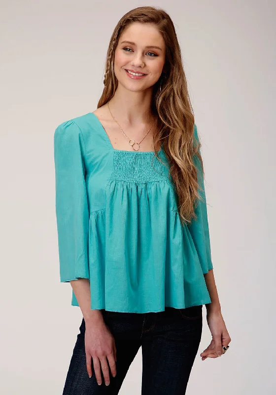 Roper Womens Turquoise 100% Cotton Bell Sleeve S/S Blouse Double-Layered Blouse