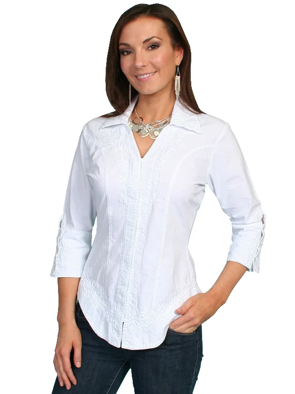 Scully Cantina Collection Blouse White 100% Cotton Floral 3/4 Sleeve M Embroidered Floral Blouse