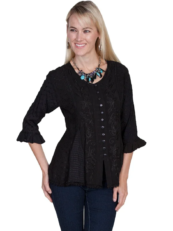 Scully Honey Creek Womens Blouse Black 100% Rayon Embroidered 3/4 Sleeve Chic Wrap Blouse