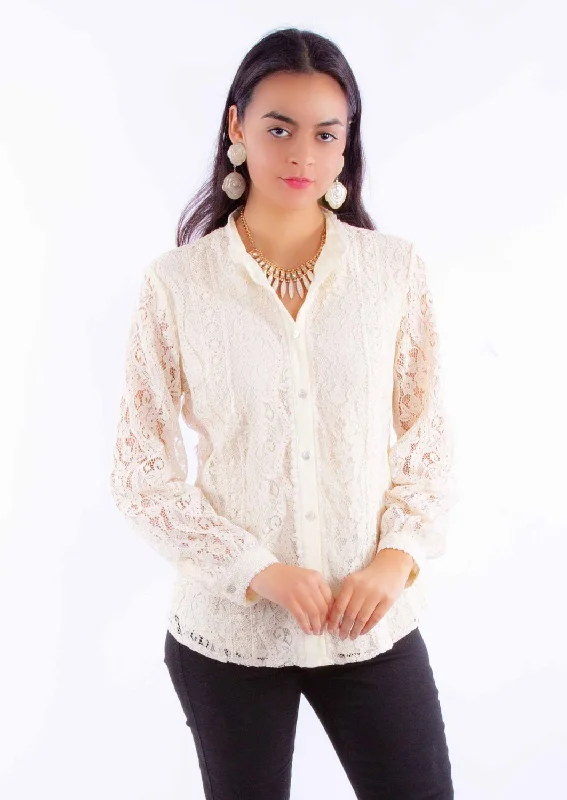 Scully Womens Allover Lace Ivory Cotton Blend L/S Blouse Mandarin Collar Blouse