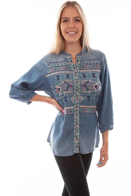 Scully Womens Denim Tencel Aztec Western S/S Blouse Subtle Shimmer Blouse