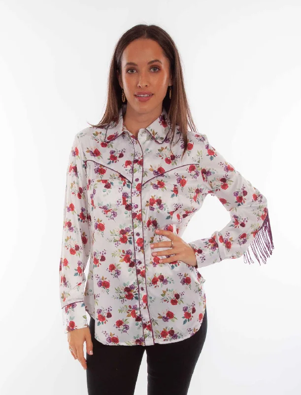 Scully Womens Floral Fringe White 100% Polyester L/S Blouse Soft Pastel Blouse