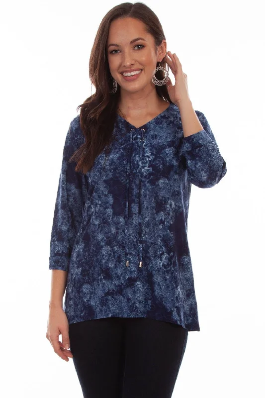 Scully Womens Navy Polyester Criss-Cross S/S Blouse Collared Satin Blouse